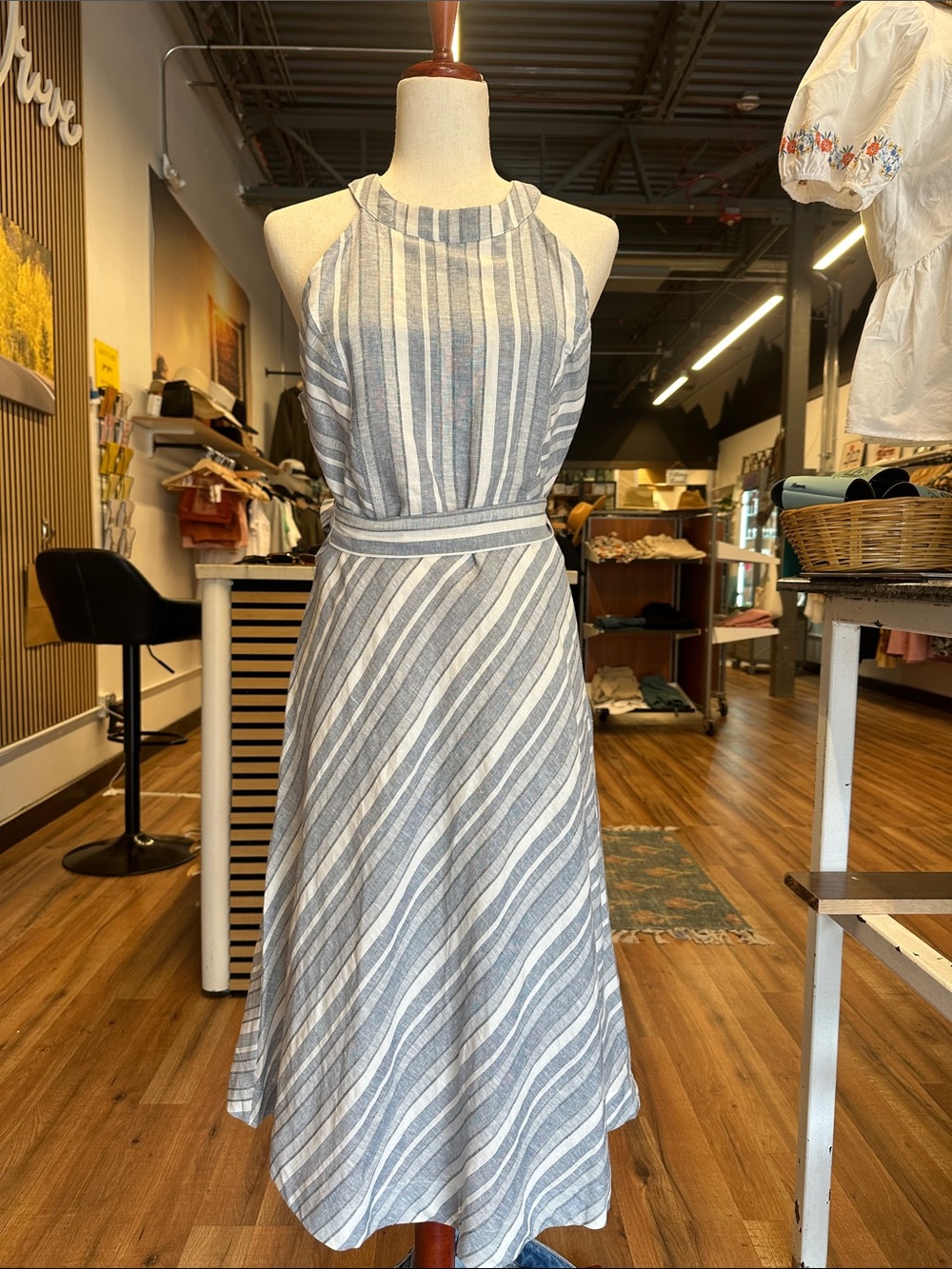 Blue and White Striped Halter Midi Dress